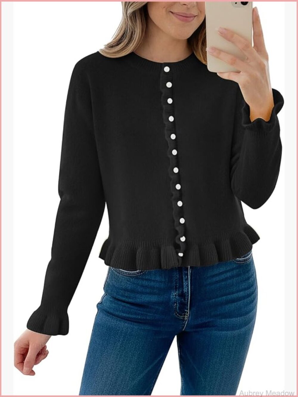 Womens Cropped Ruffle Cardigan Button Front Knit Sweater Top